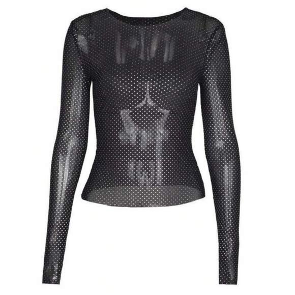 Women's Summer Flash Round Neck Long Sleeves Slim Mesh Tulle T-Shirt Going Out C - Picture 6 of 8